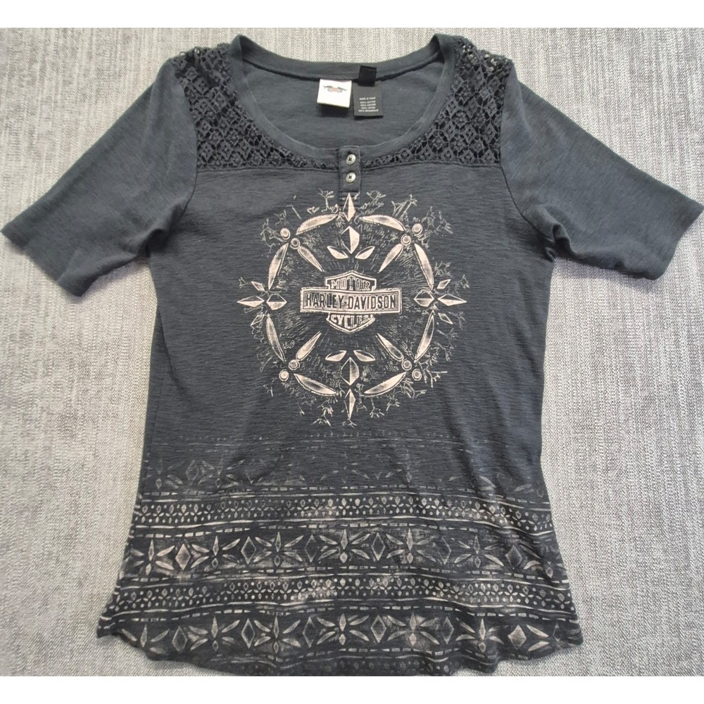 Harley Davidson women's gray short sleeve Henley shirt M Bar Shield Graphic 1903
